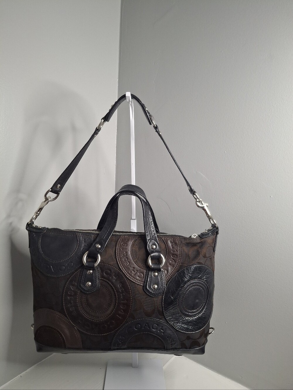 Coach Ashley Signature Patchwork Satchel Brown Black Leather Canvas Shoulder Bag - Picture 2 of 6
